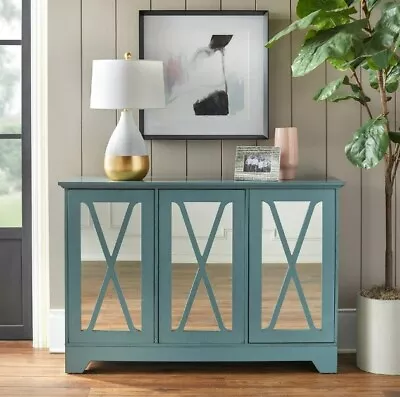 Blue Cabinet Accent Storage Mirrored Door Table Console Room Living Bed TV Stand • $252.15