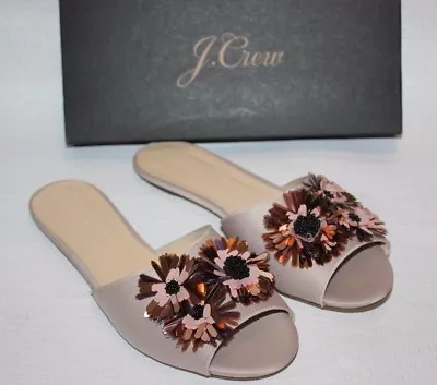 JCREW $158 Satin Slides Floral Embellishments 8 Warm Sandstone Shoes G8895 NEW  • $69.99