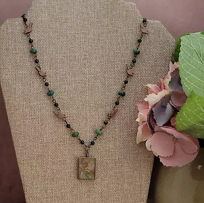 Handmade Antique Bronze Necklace Gemstones Copper Birds Flowers Mustard Seed 18  • $42.99