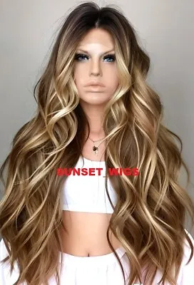 39  Free Part Lace Front Wig Long Wavy Layered Ombre Caramel Blonde #tt8.cr.bl • $121.84