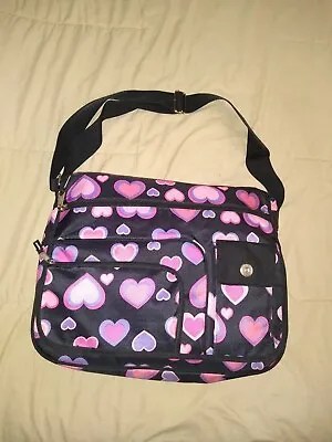 Mudd Messenger Book School Bag Crossbody Travel Pink & Black Heart 16.5x13x4.5 • $34.75