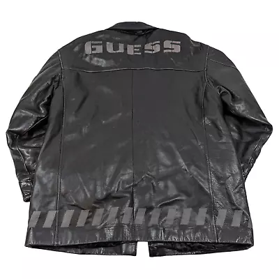 VTG GUESS Men's Black 100% Leather Reflective Motorcycle Jacket Sz M Fit (L/XL) • $54.12