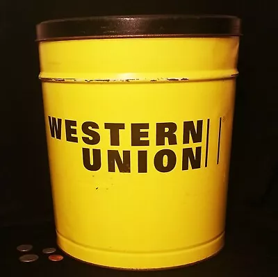 1980s WESTERN UNION SIGN Vtg Tin Can Store Window Display Yellow Storage Bank • $125