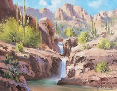 TOM HAAS Painting ''Bear Canyon' Oil 11x14 Catalina Mountains Waterfall Saguaro • $220