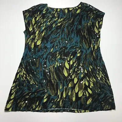 Miss Tina By Tina Knowles Top Womens L (12-14) Olive Print Sequined Embellished • $11.99