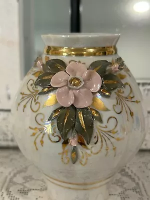 Vintage Porcelain Hand Made In Russia Lusterware 3D Floral Vase 5  Gold Accents • $19.95