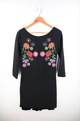 Desigual Embroidered Bodycon Dress With  3/4 Sleeve  In Black Size M • $45