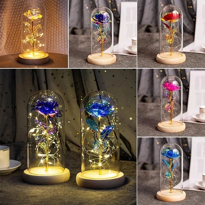 $20.17 • Buy In Glass Dome LED Light Up Rose Valentines Day Gift Artificial Rose Flowers