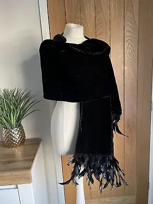 Brioni Vintage Velvet Shawl / Pashmina Feather Trim Black Unique • £185