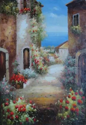 36x24 Mediterranean Alley With Flowers Oil Painting Naturalism • $75