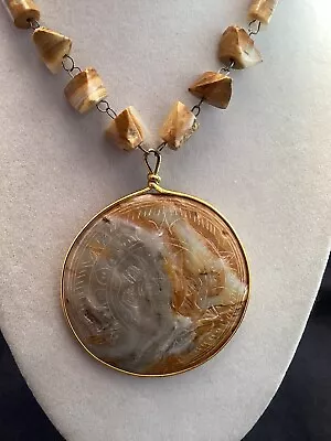 Vintage Mid-Century Mexico Beaded Necklace With Aztec Engraved Pendant 26” • $20