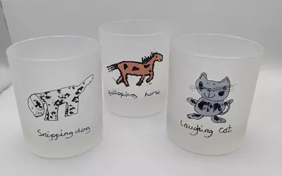 Vintage  DARTINGTON France 3  Frosted Whiskey/Lowball Glasses Cat Dog Horse • $30