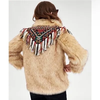 Zara Woman Faux Fur Embellished Embroidered Beaded Coat Boho Ethnic Size M • $89
