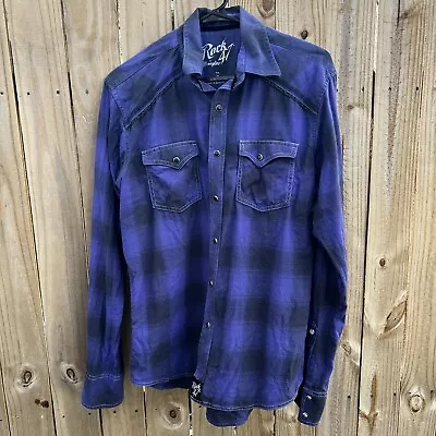 Wrangler Rock 47 Shirt Mens Medium Purple & Black Pearl Snap Flip Cuffs • $14.97