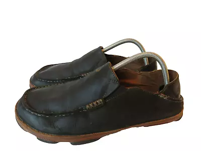 Olukai Moloa Men's Leather Slip On Shoes Black/Toffee Size 9 Loafers Causal • $29.95