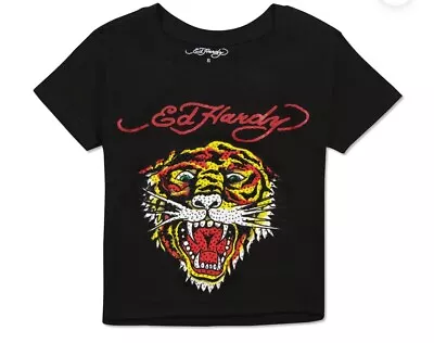 NWT Ed Hardy RHINESTONE Tiger Crop Baby Tee TShirt Womens Large Black Cropped XL • $35.99