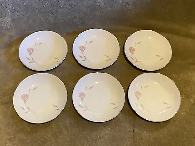 6 Mikasa Fine China *PRIMROSE* 7 3/4  Coupe Soup Bowls Pink Rose Gray Leaves • $15