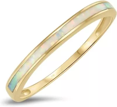 10K Solid Yellow Gold White Opal Inlay Band Ring • $9.89