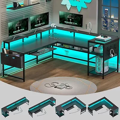 L Shaped Gaming Desk With Power Outlets And LED Strip Reversible Computer Desk • $189.97