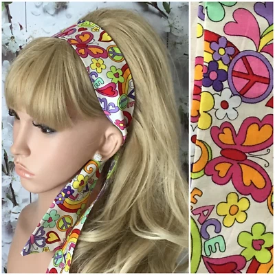 £4.49 • Buy IVORY 60s HIPPY PRINT PEACE LOVE COTTON FABRIC HEAD SCARF HAIR BAND SELF TIE BOW