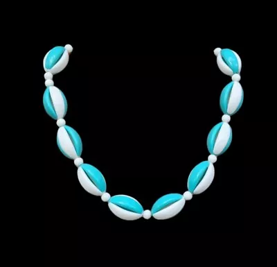 Vintage Trifari Turquoise Blue & White Lucite Hollow Bead Choker Necklace  50's • $20