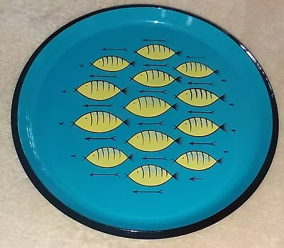 Vtg RARE MCM Retro Round Painted Lacquer Serving Tray Turquoise Fish Japan • $38