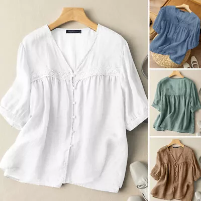 ZANZEA Women Puff Sleeve V Neck Shirt Tee Lace Patchwork Tops Button Down Blouse • $21.26