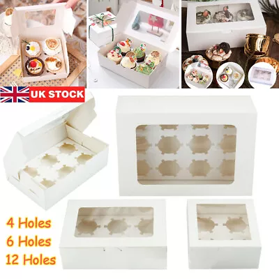 100x Windowed White Cupcake Boxes For 4 6 12 Holes Cup Cakes With Removable Tray • £65.60