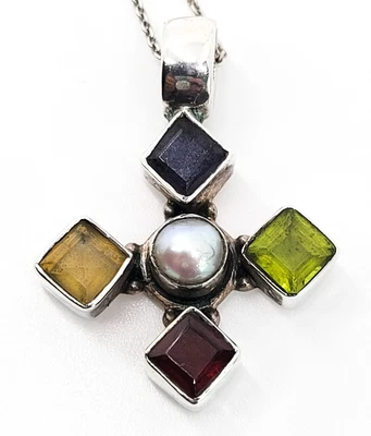 $32 • Buy Maltese Cross Princess Cut Faceted Gemstone And Pearl Sterling Silver Pendant Ne