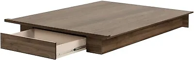 $310.90 • Buy Full Queen Walnut Brown Wooden Platform Bed Frame 1 Storage Drawer Under Bed