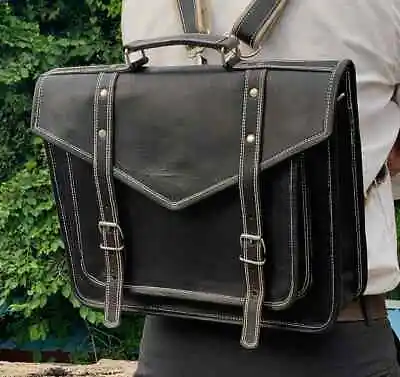 Handmade Leather Backpack Messenger Black Briefcase Laptop Bag For Men & Women • £64.19