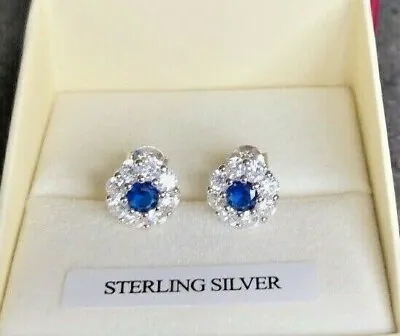 £15.99 • Buy UK Made 925 STERLING SILVER Stud Earrings Lab Diamond & Sapphire Cluster