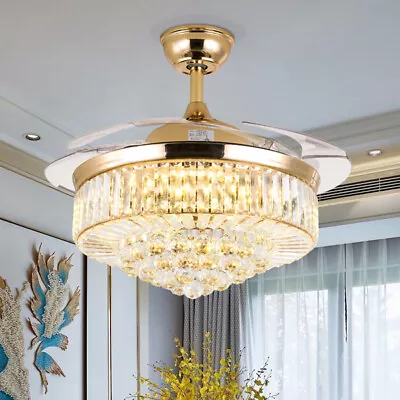 42  Invisible LED Ceiling Fan Light Crystal Retractable Chandelier Lamp W/Remote • $121.92