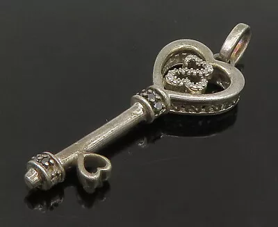 925 Silver - Vintage Genuine Black & White Diamonds Heart Key Pendant - PT19687 • $69.75