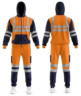 Mens Hi Vis Viz Hooded Zip Up Tracksuit Tracksuit High Visibility Hoodies Jogger • $32.89