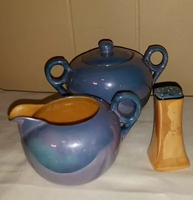 Mitsu-Boshi Pearlescent Blue/Peach Creamer Sugar Bowl W/Lid Pepper Shaker 4 Pc • $7.50