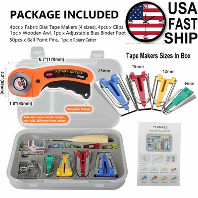 $16.75 • Buy 60 PCS Bias Tape Maker Sewing Quilting Awl & Binder Foot + Fabric Rotary Cutter