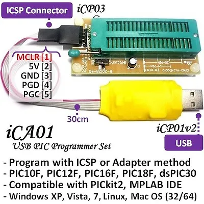ICA01 USB Microchip PIC16F18F Programmer Set (ICSP & Adapter) With PICkit2 SW • $28.50