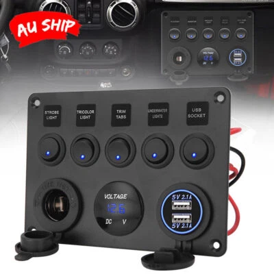 $26.59 • Buy 5 Gang 12V Switch Panel ON-OFF Toggle 2 USB For Car Boat Marine RV Truck Camper