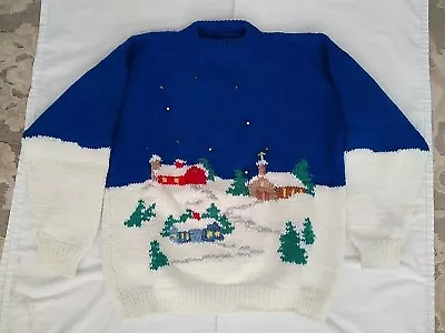 Vintage Church Village Lights Handmade Knitted Christmas Sweater No Tag:Medium? • $25