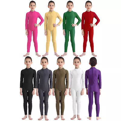 Girls Boys Long Sleeve Zipper Catsuit Dance Unitard Leotard Gymnastic Jumpsuit • £10.07