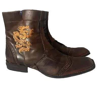 Mark Nason Distressed Brown Leather Dragon Boots Italy 67514 Size 9 • $89.95