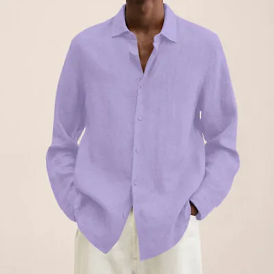 Mens Long Sleeve Linen Shirt Summer Loose Fit Lightweight Button Down Shirt New • $18.99