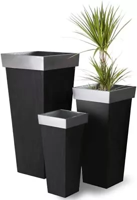 Tall Flared Square Black Planter Outdoor Silver Cube Garden Zinc Tall Plant Pots • £147.98