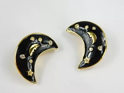 Vintage Park Lane Black Enamel Crescent Moon Rhinestone Clip Earrings Gold Tone • $44.99