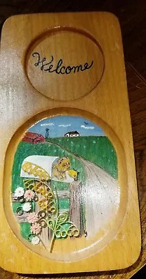 Vtg Kitschy Boho Small Wood Welcome Plaque With Handpainted Cat In Mailbox • $12