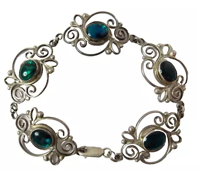 VINTAGE LADIES VO* STERLING SILVER FILIGREE BRACELET BLUE-GREEN STONES 18gr & 8  • $40.45