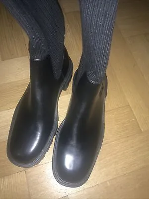£33 • Buy ZARA Black Chunky Track Sole Sock-Style Heeled Ankle Boots Size 37/4r £69.99🥰
