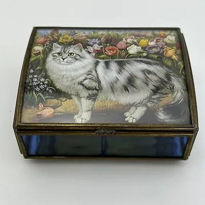 Via Vermont Cat Brass & Blue Glass Trinket Box Divided Jewelry • $18.99