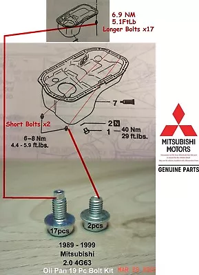 1989 99 Mitsubishi Eclipse Talon Laser 2.0 4G63 19pc Oil Pan Bolt Kit NEW OEM • $43.99